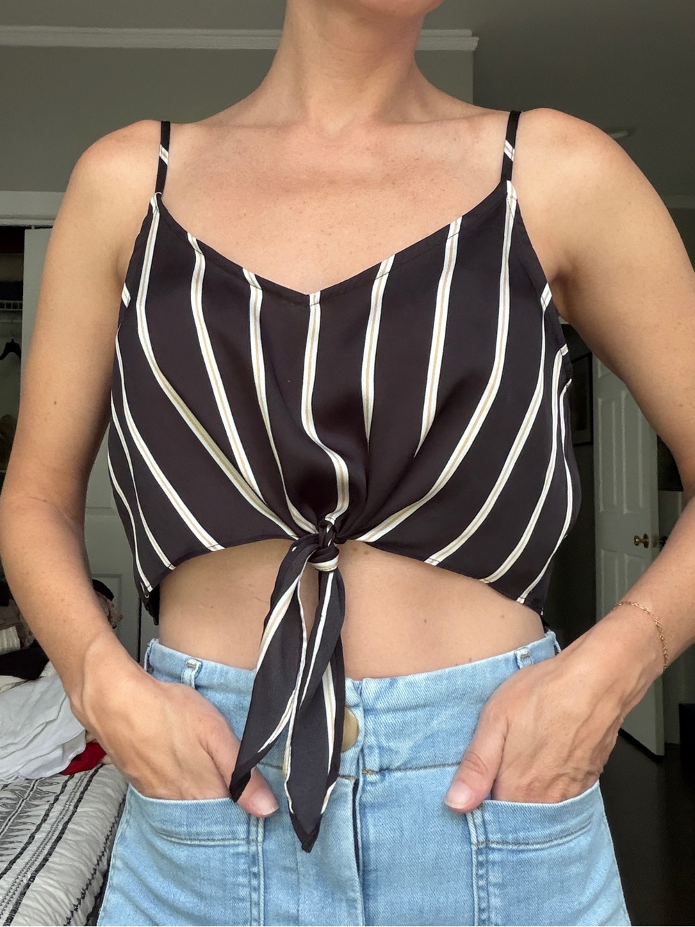 Forever 21 Black Striped Tie-Front Cami